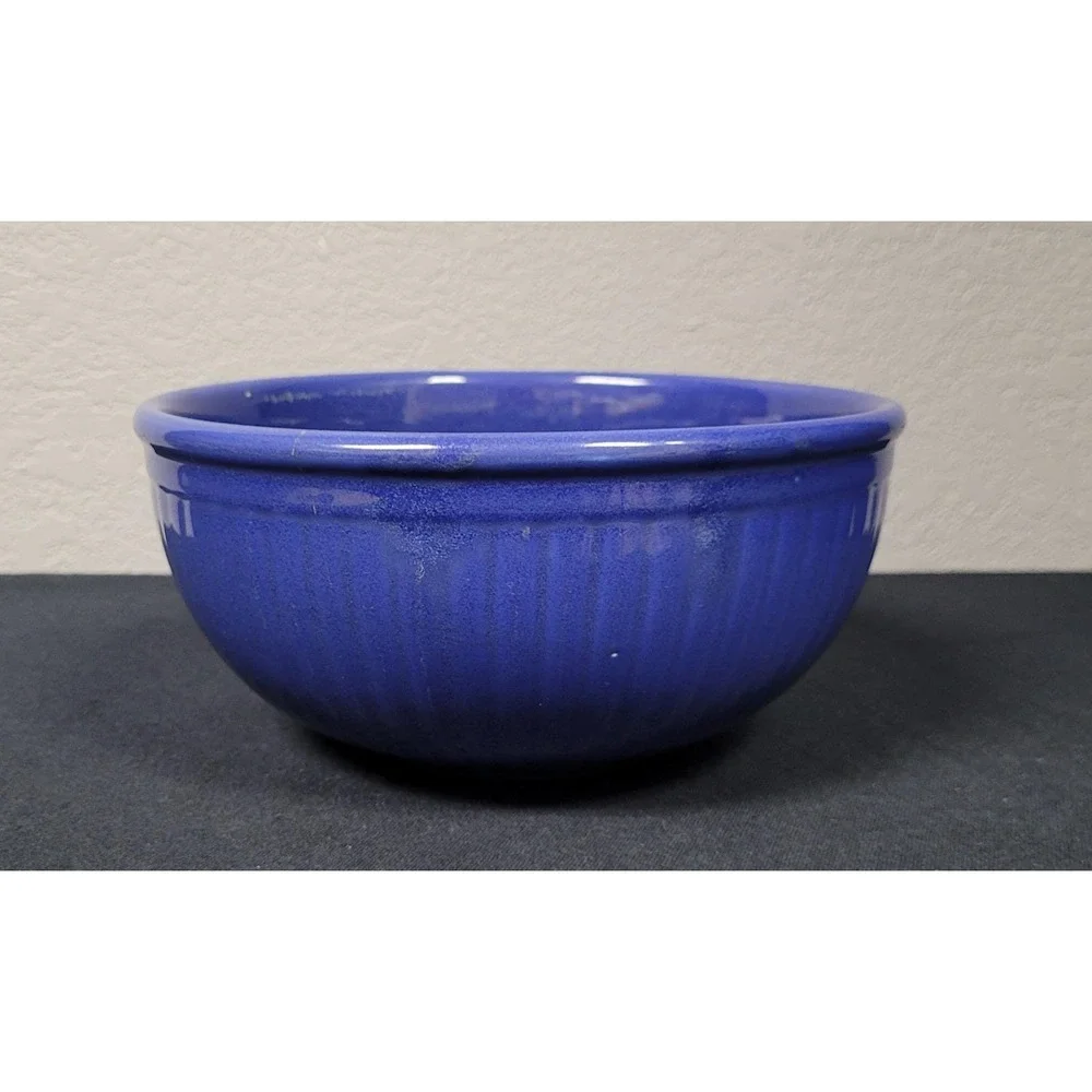 Vintage Cobalt Blue Stoneware Ceramic 8 inch Mixing Bowl 1940s - Read As Is